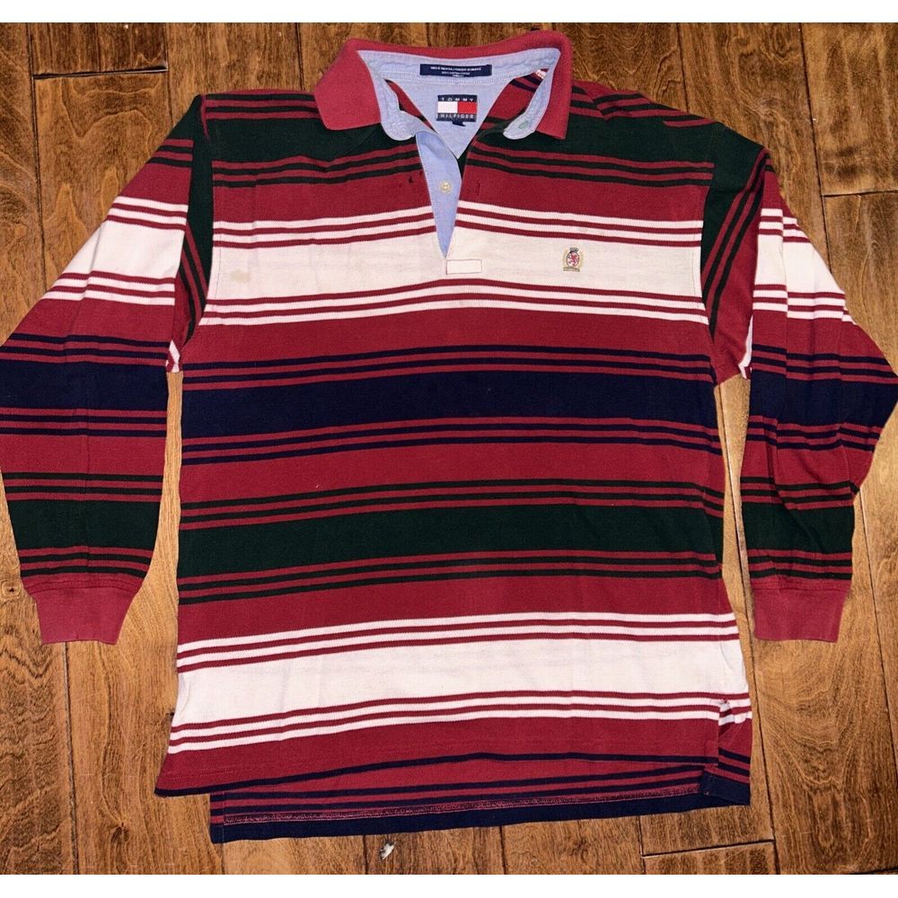 Tommy Hilfiger Long Sleeve Striped Polo Rugby Shirt Burgundy/white Size Medium